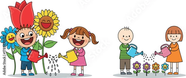 Obraz Cartoon kids watering flowers, nurturing and growth illustration, whimsical vs realistic garden concept, environmental care scene, vector gardening activity design