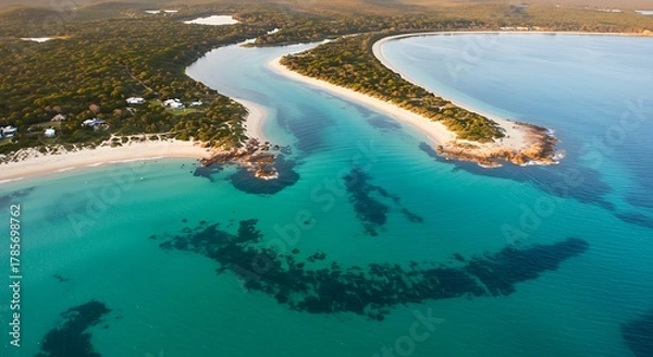 Fototapeta Aerial view showcases a serene coastline where a river meets the vibrant turquoise ocean