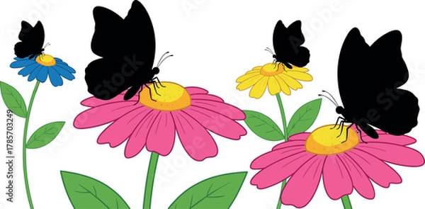 Obraz Colorful flowers with black butterflies, stylized nature vector illustration for decor, logo, editorial, kids design, and spring-themed artwork