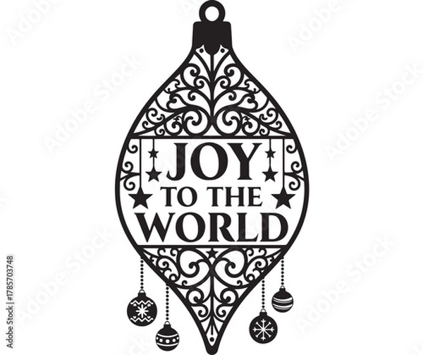 Fototapeta Black ornamental christmas bauble with joy to the world text isolated on white background