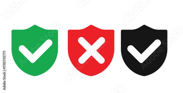 Fototapeta Security shield icons set with check mark and cross symbol — safety approval and protection concept, flat vector illustration