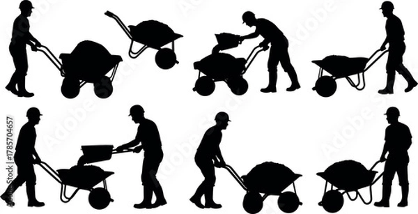 Obraz Construction worker silhouette set, wheelbarrow activity, manual labor, black illustration, safety gear, hard hat, soil transport, industrial work concept