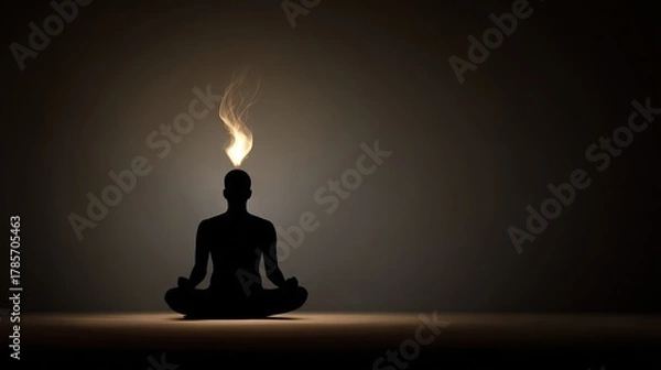 Fototapeta Silhouette of Meditating Person With Fiery Head in the Dark Studio for Mindfulness and Inner Peace