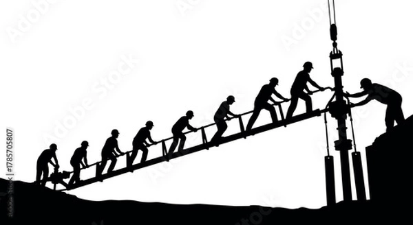 Obraz Beam installation teamwork silhouette set, cartoon construction workers positioning structural element illustration, vector engineering coordination concept, black and white graphic, labor scene