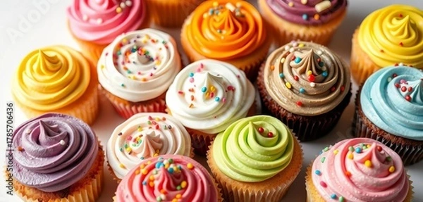 Obraz Assorted colorful cupcakes with various frostings and sprinkles on a white background,  cake,  small