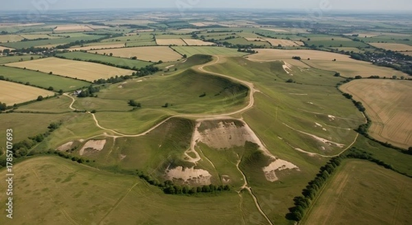 Fototapeta Aerial view showcases a verdant hill with paths and surrounding farmlands under a bright sky