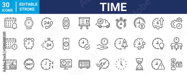 Fototapeta Time and Clock web icons in line style. Calendar, timer, time, stopwatch, countdown, collection. editable. Vector illustration.