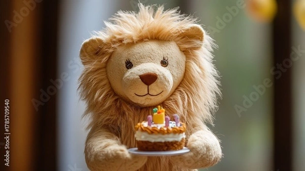 Obraz Stuffed lion holding a tiny birthday cake