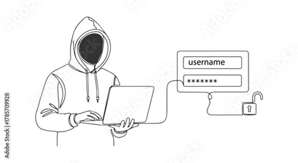Obraz Continuous one line drawing of a hooded hacker committing cybercrime, illustrating a digital security breach and password theft