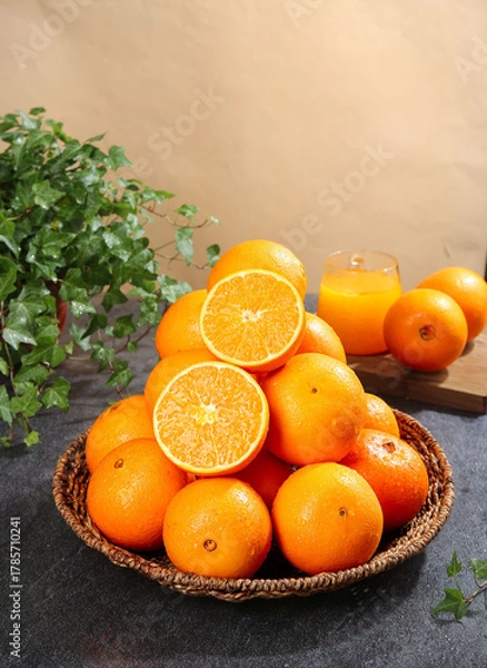 Fototapeta Sweet Navel Oranges in Wicker Basket with Fresh Orange Juice and Green Plant on Dark Slate Surface