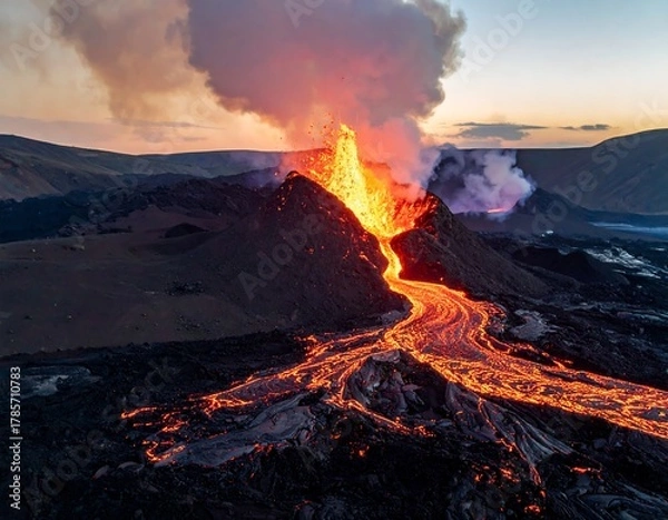 Fototapeta Aerial view showcases a volcanic eruption, fiery lava flows, and smoky atmosphere against the twilight sky