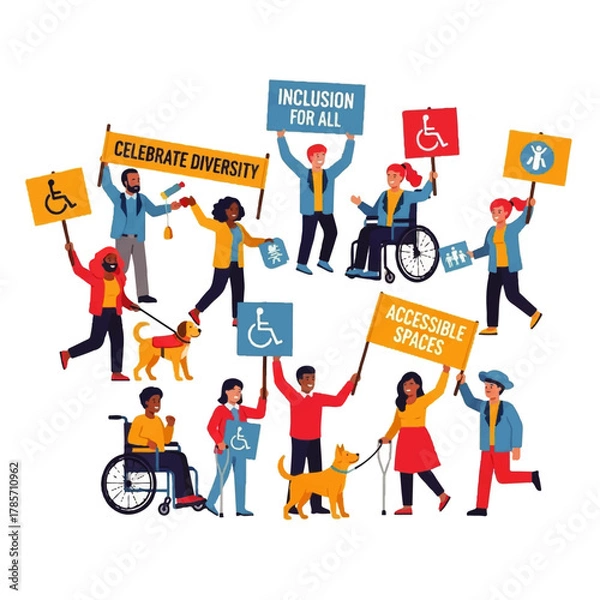 Fototapeta Diverse group of people with disabilities and allies advocating for inclusion and accessibility, holding signs.
