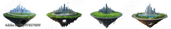 Obraz Floating island with futuristic city and green landscape isolated on transparent background