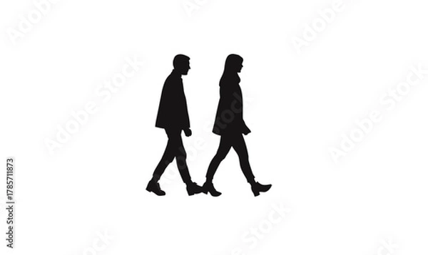 Fototapeta Silhouette of man and woman walking side by side in black minimalist flat vector style isolated on white background