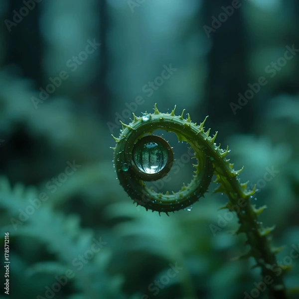 Fototapeta New Beginnings: Fern Fiddlehead with a Perfect Water Droplet