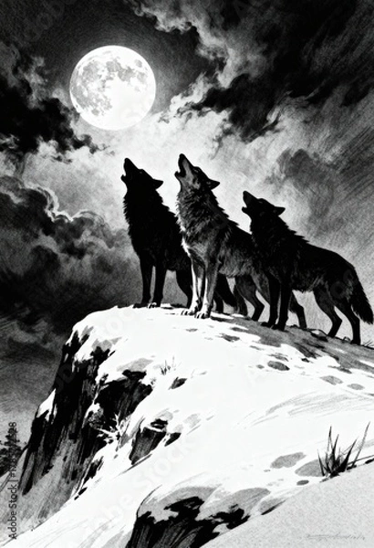 Fototapeta Three Wolves Howling at the Full Moon. Dramatic wildlife illustration.