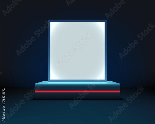 Obraz Futuristic Technology Display with Neon Blue Light on a Podium in a Dark Sci Fi Background for Digital Innovation and Product Presentation Template