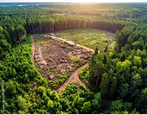 Fototapeta Aerial view showcasing a deforested area surrounded by lush green forest