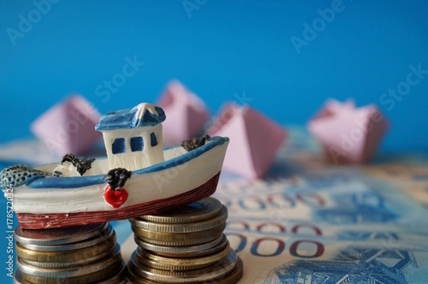 Obraz A toy boat and a stack of coins on a blue background.
