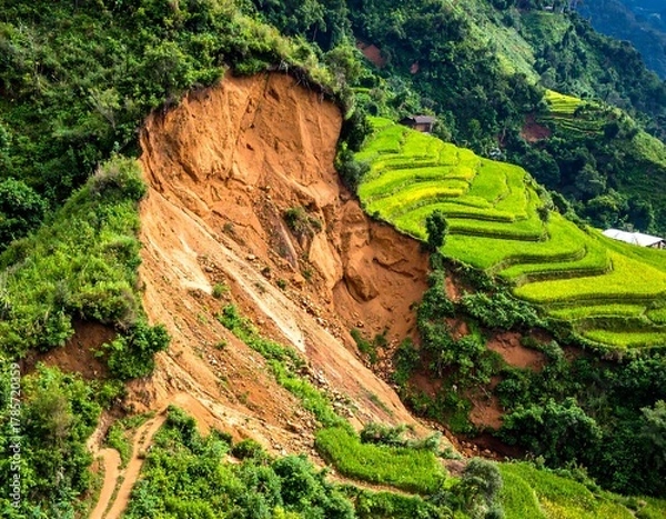 Fototapeta Aerial view showing a landslide on a hillside with terraced fields and lush green vegetation