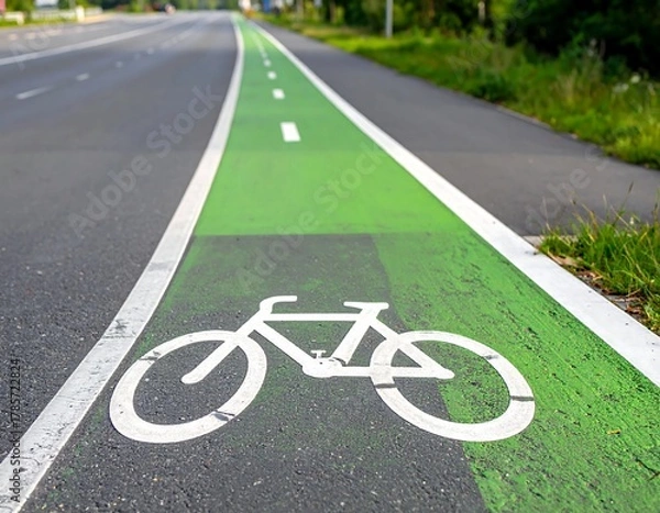 Fototapeta Green bike lane with bicycle symbol on asphalt
