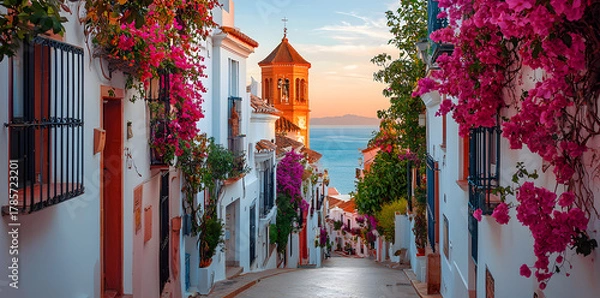 Fototapeta Scenic view of Estepona, Andalusia with charming cobblestone lanes, white facades adorned with flowers, and stunning seaside horizon on the Costa del Sol