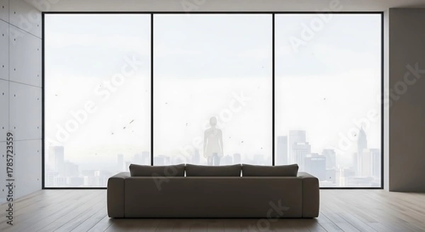 Fototapeta 넓은 창문 앞에 놓인 편안한 소파, 미니멀리즘 인테리어의 밝고 현대적인 공간