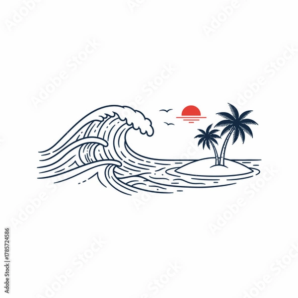 Fototapeta Line art illustration of a wave crashing near a tropical island with palm trees and a setting sun.