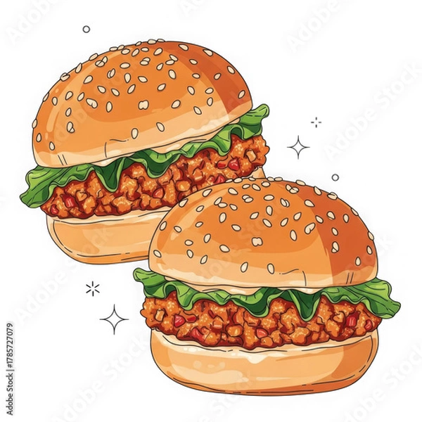 Obraz Two delicious sloppy joe sandwiches ready to eat transparent background