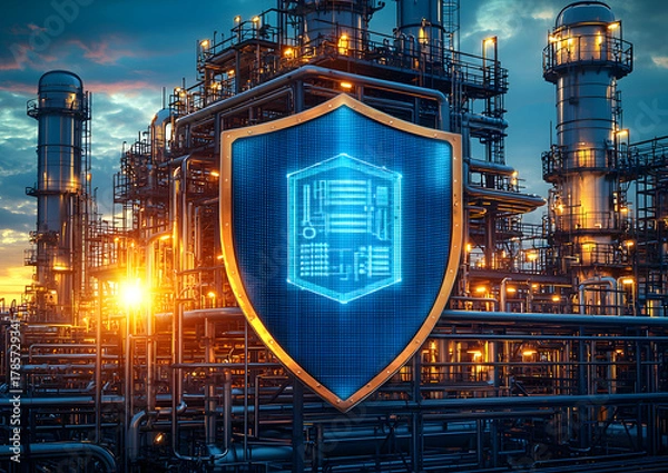 Fototapeta Industrial refinery complex with digital shield overlay, symbolizing cybersecurity systems in energy production, cyber defense protocols, and tech-driven safety solutions