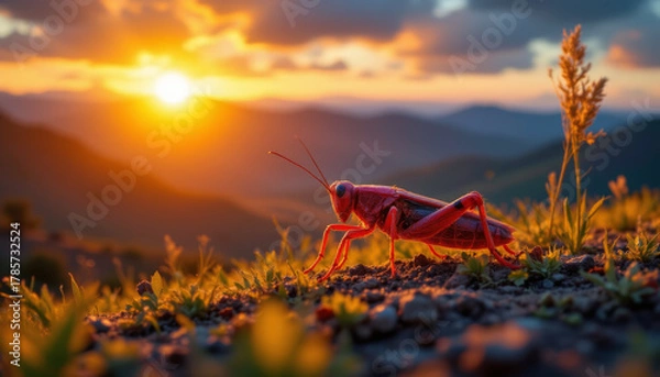 Fototapeta Red grasshopper on ground with mountain sunset background and warm light