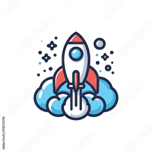 Fototapeta A cartoon illustration of a rocket ship blasting off into space, surrounded by clouds and stars.