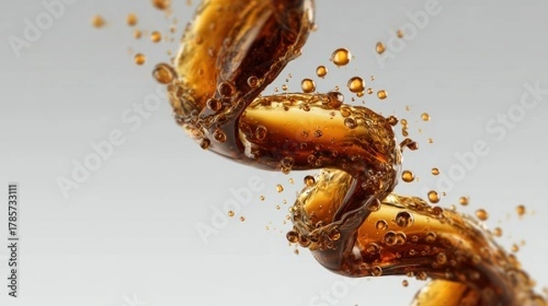 Fototapeta Dynamic liquid spiral with bubbles against a light gray transparent background