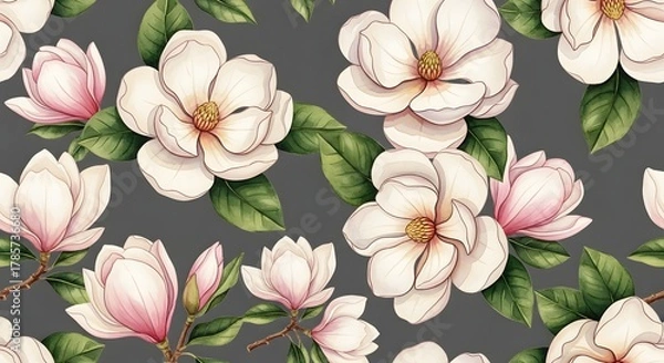 Fototapeta A beautiful seamless pattern featuring elegant white magnolia flowers with lush green leaves on a sophisticated dark grey backdrop