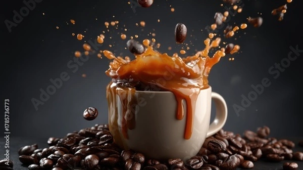 Fototapeta Coffee splash in a cup with falling coffee beans transparent background