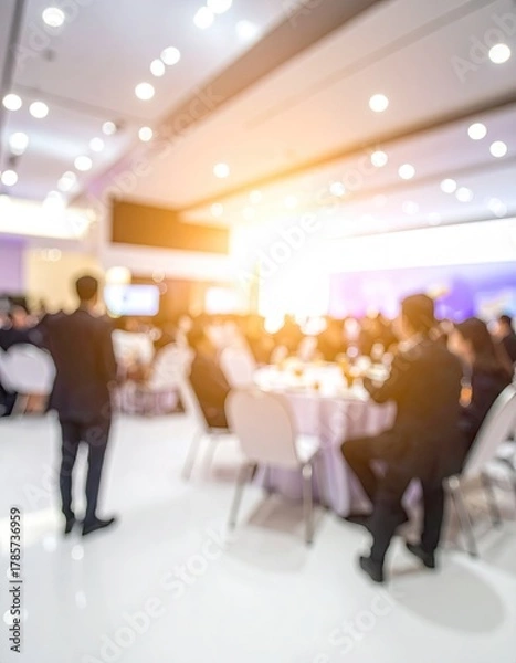 Fototapeta Blurred conference people seated at round tables, speaker