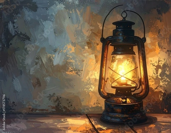 Fototapeta Illuminated oil lantern against a textured, impressionistic background