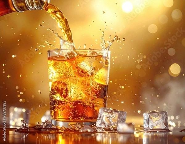 Obraz Liquid pouring into glass with ice, splashy, golden light