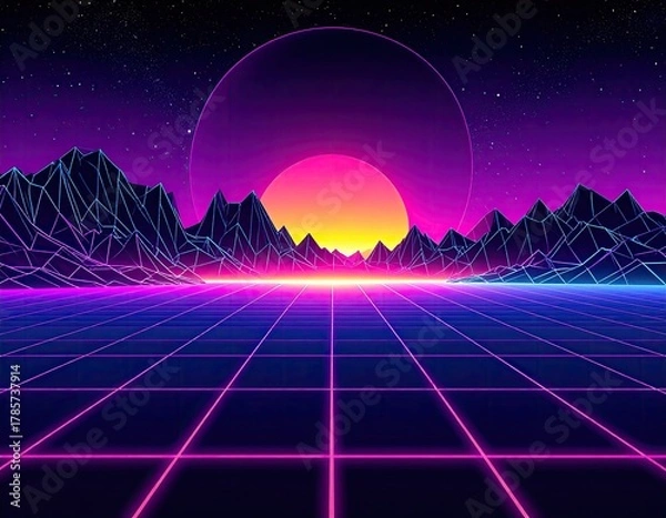 Obraz Synthwave landscape grid, mountains, sun, and starry sky