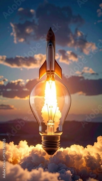 Obraz Rocket emerges from lightbulb, bright flames, dreamy sky