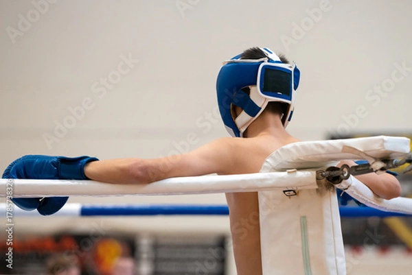 Fototapeta Kickboxer in blue gear resting in the corner before the fight
