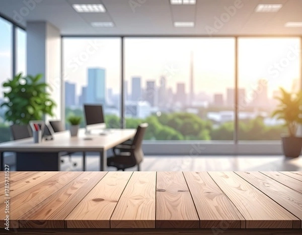 Obraz Bright office space with wood foreground and cityscape