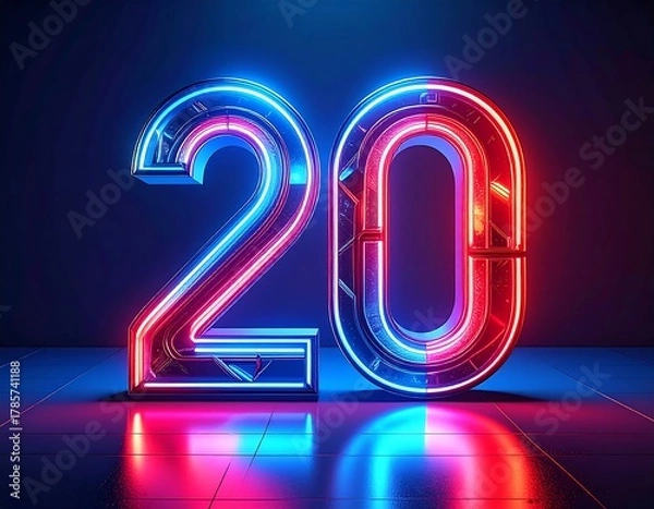 Fototapeta Illuminated vibrant neon digits on reflective floor, glowing and modern