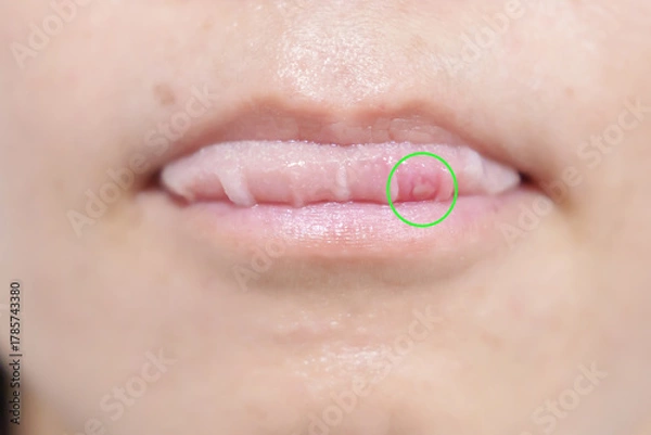 Obraz Mouth Ulcer Sore or Aphthous Stomatitis. Oral Health and Medical concepts