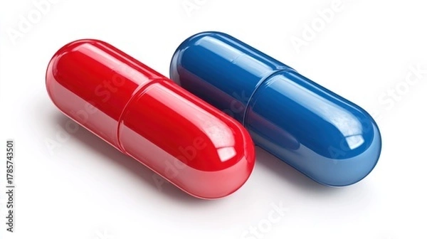 Fototapeta Red and blue capsules side by side on transparent background