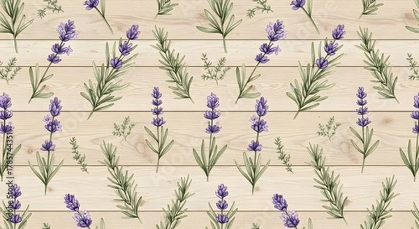 Fototapeta Seamless watercolor pattern featuring delicate purple lavender flowers and fresh green sprigs on a rustic light wooden background, ideal for botanical designs