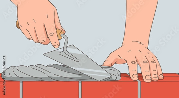 Obraz A skilled worker's hands expertly apply fresh gray mortar with a metal trowel onto vibrant red bricks, demonstrating the precise craftsmanship for building a sturdy wall.