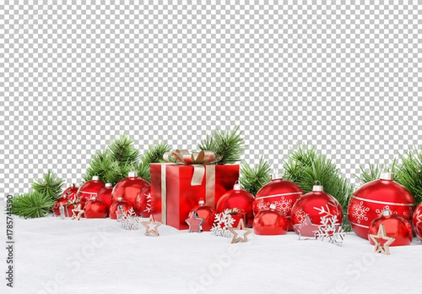 Obraz Isolated Christmas Scene with Red Decorations, Gifts and Baubles on Snow