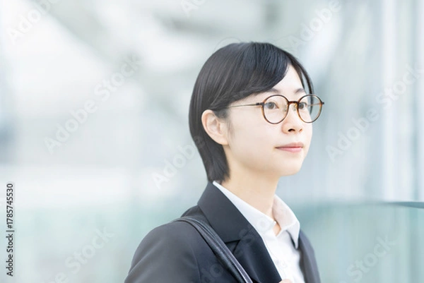 Obraz スーツを着て、緊張した表情をしている若い女性