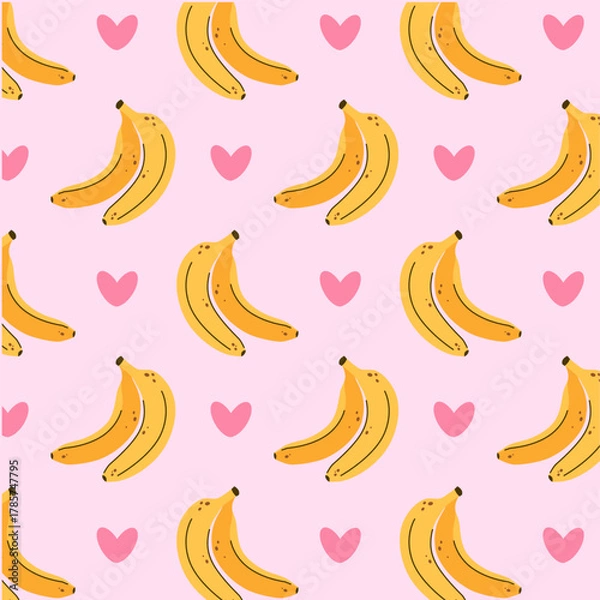 Obraz Seamless pattern with bananas and hearts on a pink background, fruit design.
